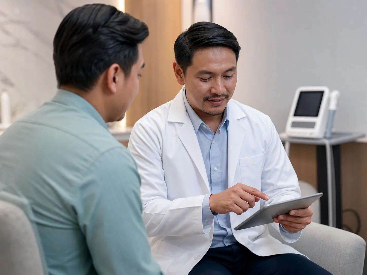 A doctor reviewing assessment findings with a male patient in a private consultation room at Vivardi Clinics